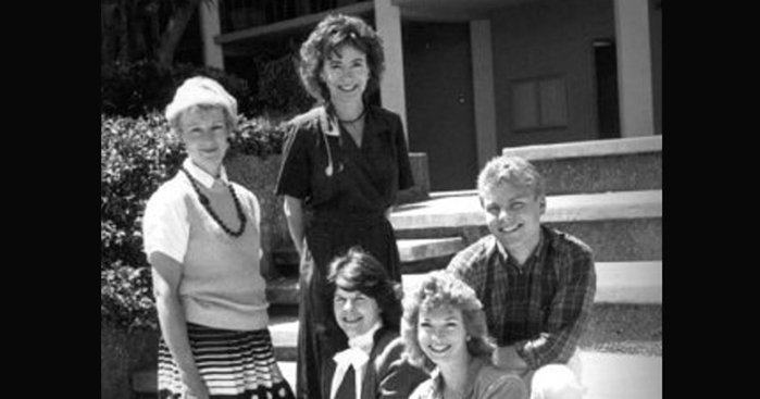 In 1988, San Mateo Community College District photographer Isago Isao Tanaka captured new full-time instructors, from left, Beth Smith, nursing; Janet Black, art/art history; Susan Estes, speech/‌English; Cathy Kennedy, computer science; and Michael Claire, business/‌accounting