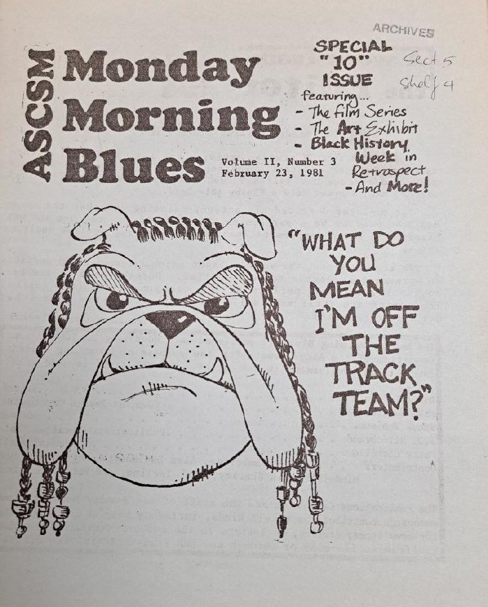 Covers from 1980s issues of student-produced Monday Morning Blues