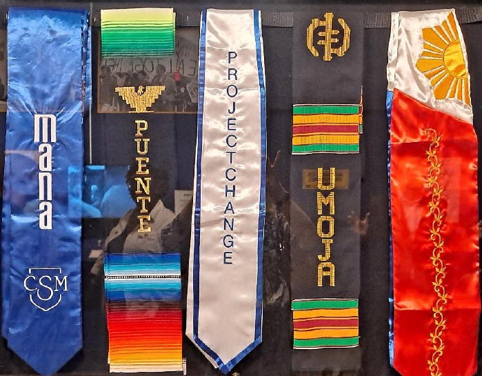 Members of CSM’s learning communities proudly wear these identifying stoles at graduation. The newest, Katipunan, at right, for Filipinx learners, launched in 2022. 