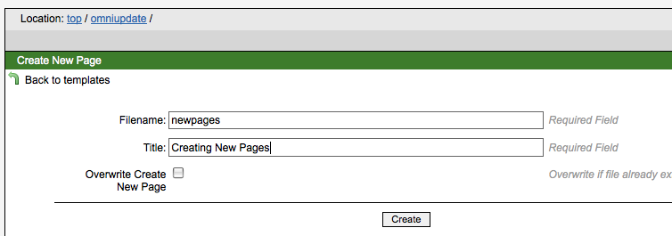 Create new page dialog box