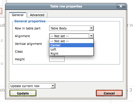 Table properties menu