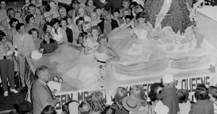 1953 Homecoming Queen Gail Tichenor and her court take part in the “Life Comes to Burlingame” parade before 15,000 spectators