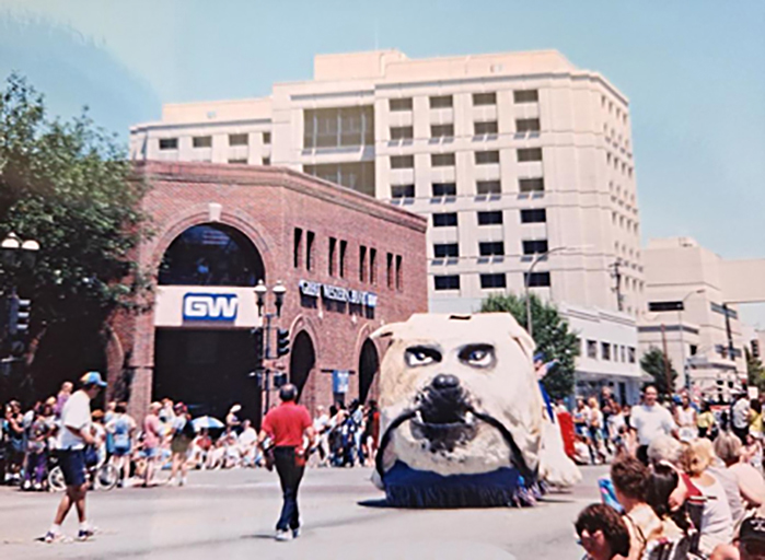 CSM’s Bulldog float in the Peninsula Celebration Association’s 1997 Fourth of July Parade in downtown Redwood City
