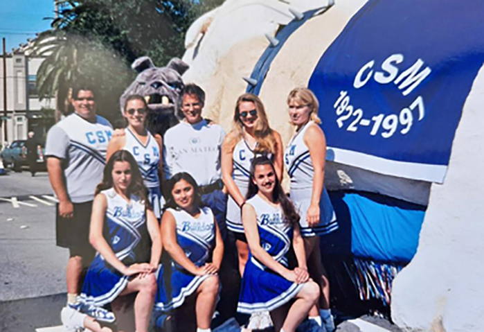 College President Peter Landsberger, third from top left, and Bulldog cheerleaders celebrate CSM’s 75th at the Peninsula Celebration Association’s 1997 Fourth of July Parade in Redwood City