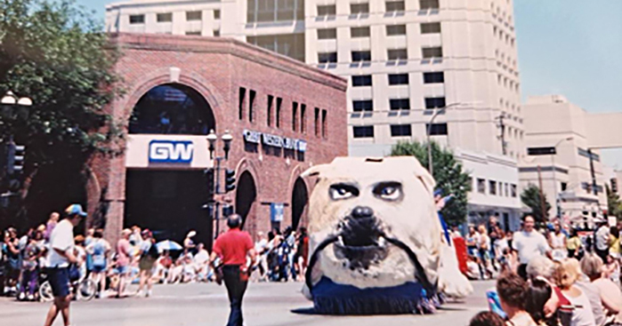 CSM’s Bulldog float in the Peninsula Celebration Association’s 1997 Fourth of July Parade in downtown Redwood City