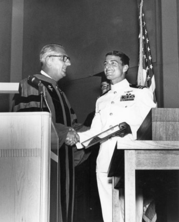 CSM President Julio Bortolazzo honors Lt. Dieter Dengler at 1967 Commencement