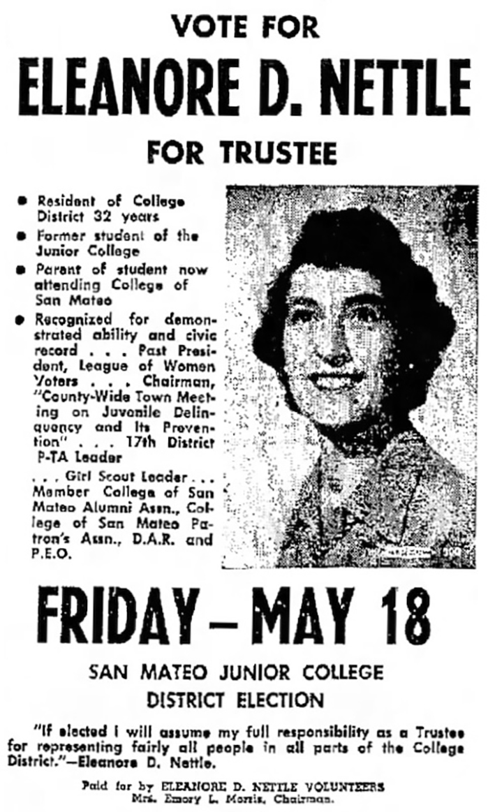 Election ad in the San Mateo Times promotes Nettle’s successful run in 1956 for the San Mateo Community College District Board of Trustees.