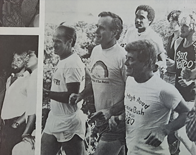 George H.W. Bush leads CSM runners on a jog around campus Oct. 1, 1980 with Bulldog track coach Bob Rush, left, and U.S. Rep. Pete McCloskey, right