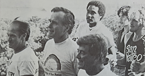 George H.W. Bush leads CSM runners on a jog around campus Oct. 1, 1980 with Bulldog track coach Bob Rush, left, and U.S. Rep. Pete McCloskey, right
