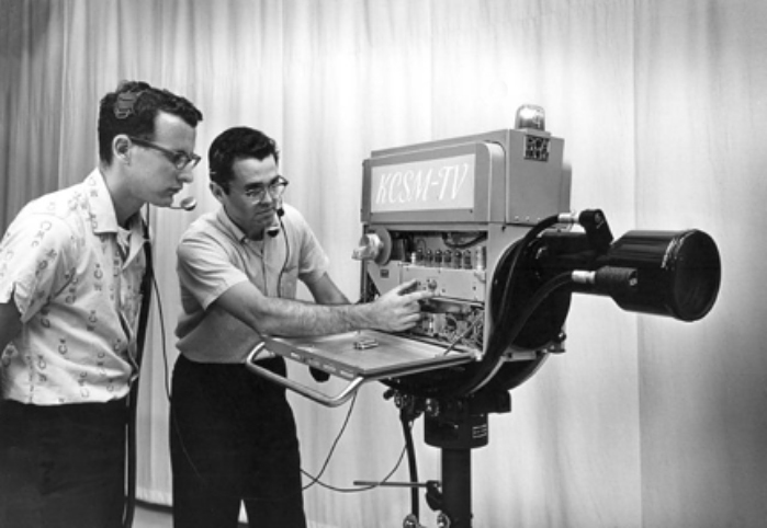 Founding KCSM-TV staffers Greg Smith, left, and Skip Buschell in the early 1960s with the station’s RCA TK-14 television camera