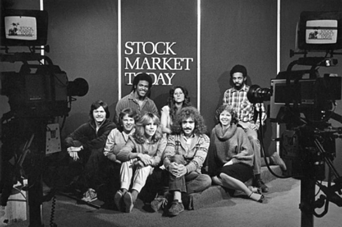 Students and KCSM-TV staff on the set of 1980s series ‘Stock Market Today’ include Marty Reed, Kristianne Larsen, David Ratto, Terry Eich and David Nurse