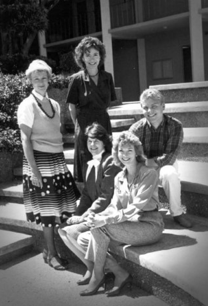 In 1988, San Mateo Community College District photographer Isago Isao Tanaka captured new full-time instructors, from left, Beth Smith, nursing; Janet Black, art/art history; Susan Estes, speech/English; Cathy Kennedy, computer science; and Michael Claire, business/accounting