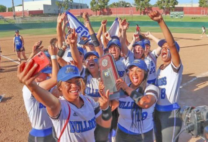 The Bulldogs celebrate their state tournament victory May 22, 2022 at Bakersfield College