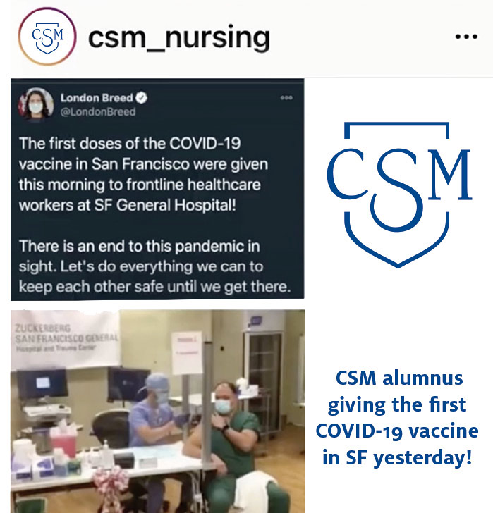 CSM Nursing alumnus Kai Chen gives the Bay Area’s first FDA-approved COVID-19 vaccination on Dec. 15, 2020 to pulmonologist Dr. Antonio Gomez, San Francisco General Hospital’s chief of diversity and inclusion