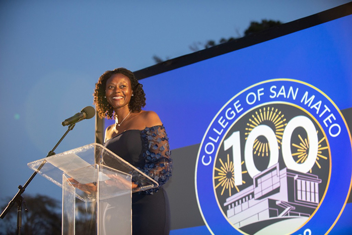 President Jennifer Taylor-Mendoza speaks at College of San Mateo’s Centennial Gala on March 31, 2022