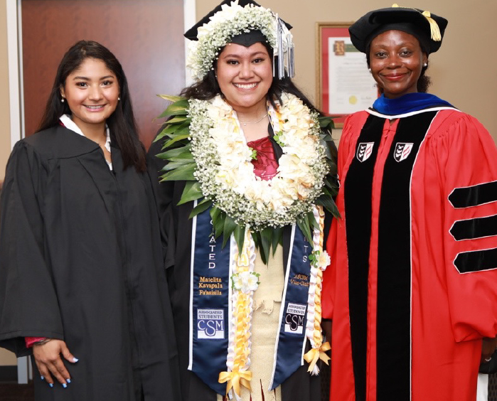 2022 Pre-Commencement Ceremony: Taylor-Mendoza with ASCSM President Andrea Morales (left) and Student Commencement Speaker Matelita Kavapalu