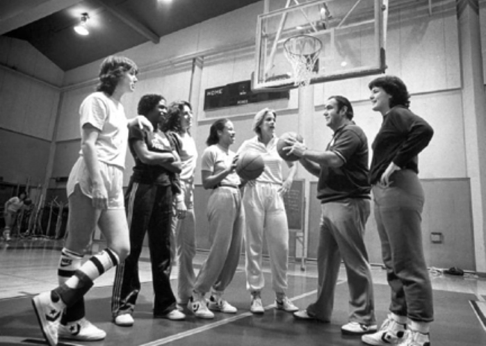 Coach Tom Martinez with CSM’s women’s basketball team, 1980s
