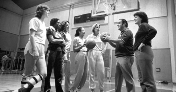 Coach Tom Martinez with CSM’s women’s basketball team, 1980s