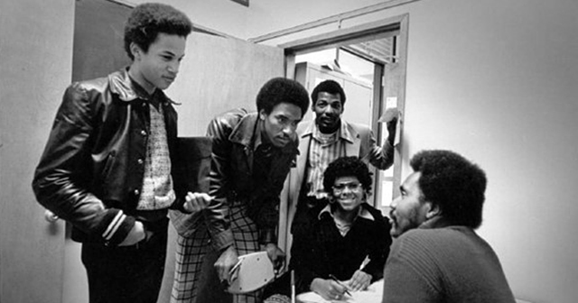 Arnett Caviel, right, with Skyline College students in the 1970s