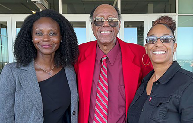 Arnett Caviel (center) with CSM President Jennifer Taylor-Mendoza (left) and Counseling Dean Krystal Duncan (right) following an event honoring his 51 years of service and retirement in 2021