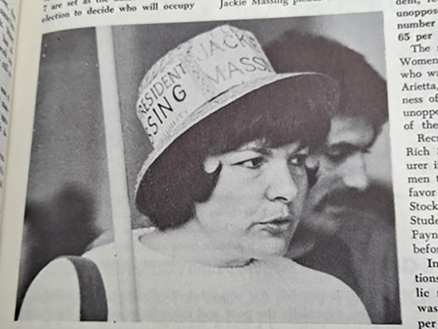 Jackie Massing campaigns for Associated Students of CSM president in December 1974