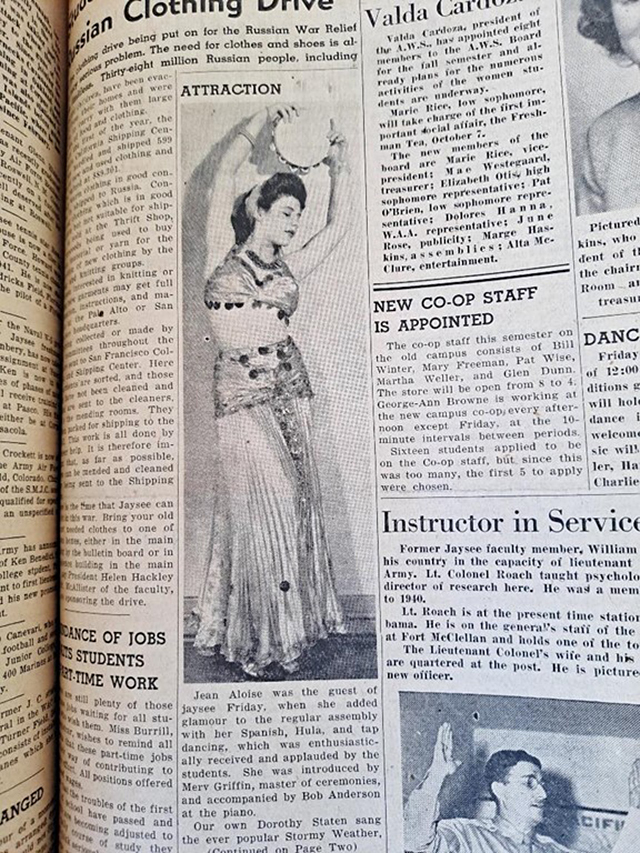 Jean Aloise and her “Spanish hula,” the featured talent of Merv Griffin ’43’s first and last known San Mateo Junior College assembly