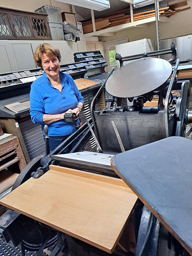 CSM emeritus Professor Robin Heyeck and the Chandler-Price platen press on which she prints fine-art limited editions of poetry and prose