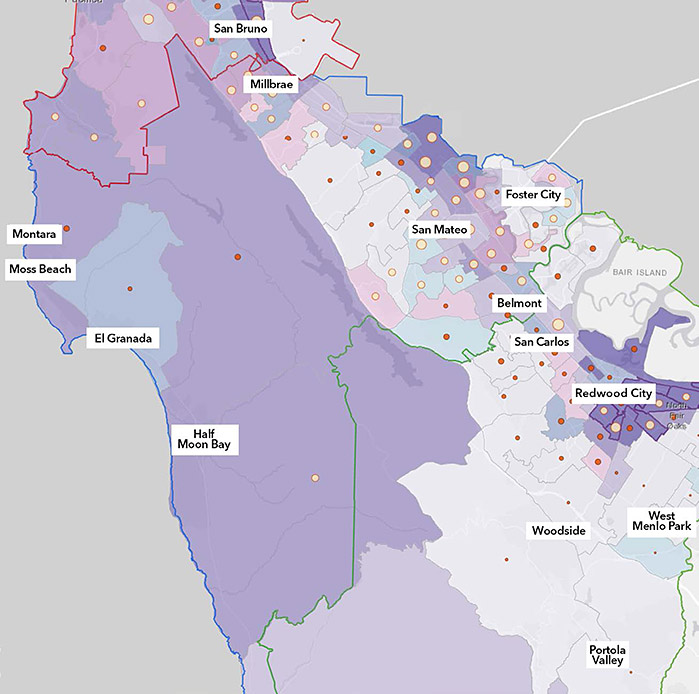 The purple shaded areas represent regions where greater than 50% of the population has less than an associate degree and earns 2023-2028 Education Master Plan [ 11 ] Service to Our Community a median income less than $100k