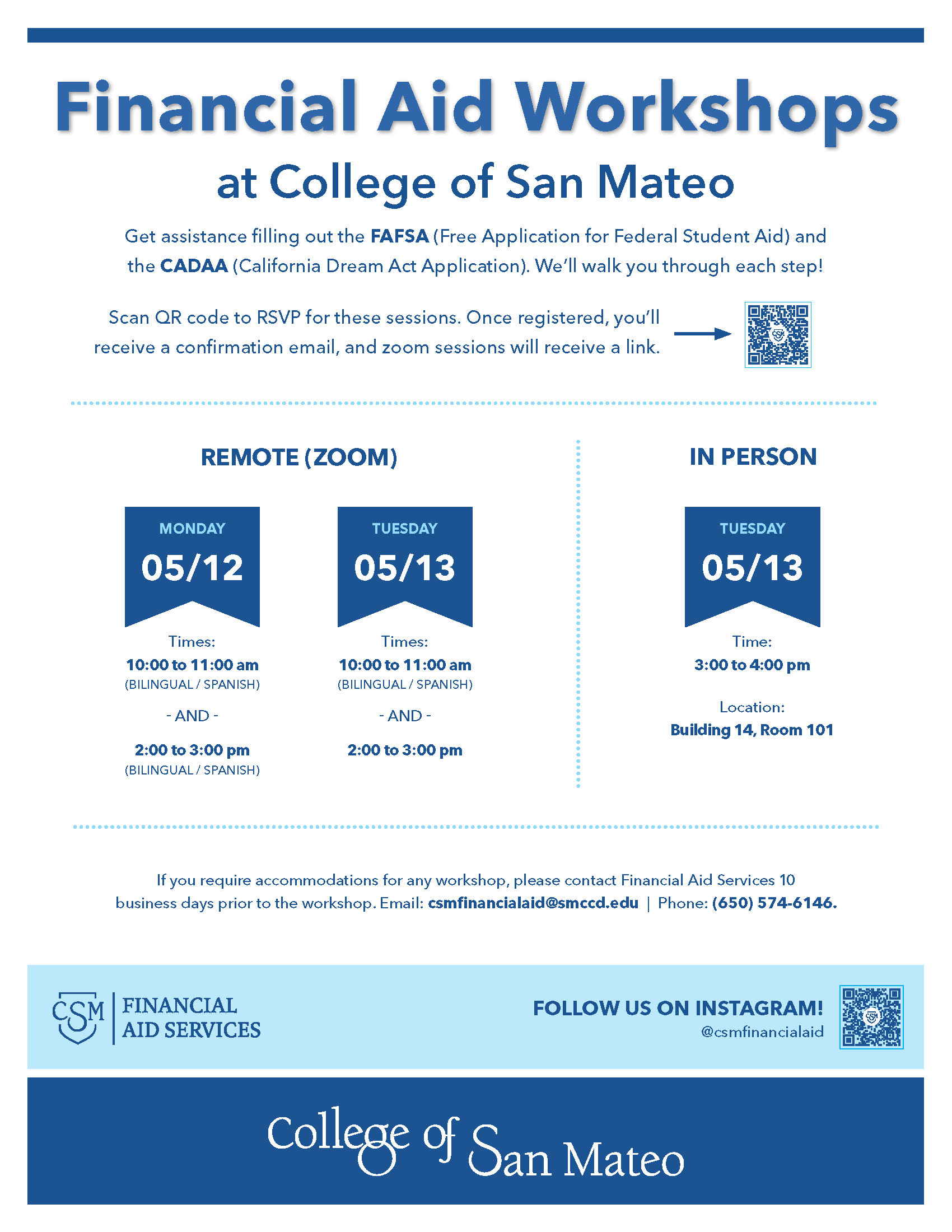 Financial Aid workshops poster for April 2025
