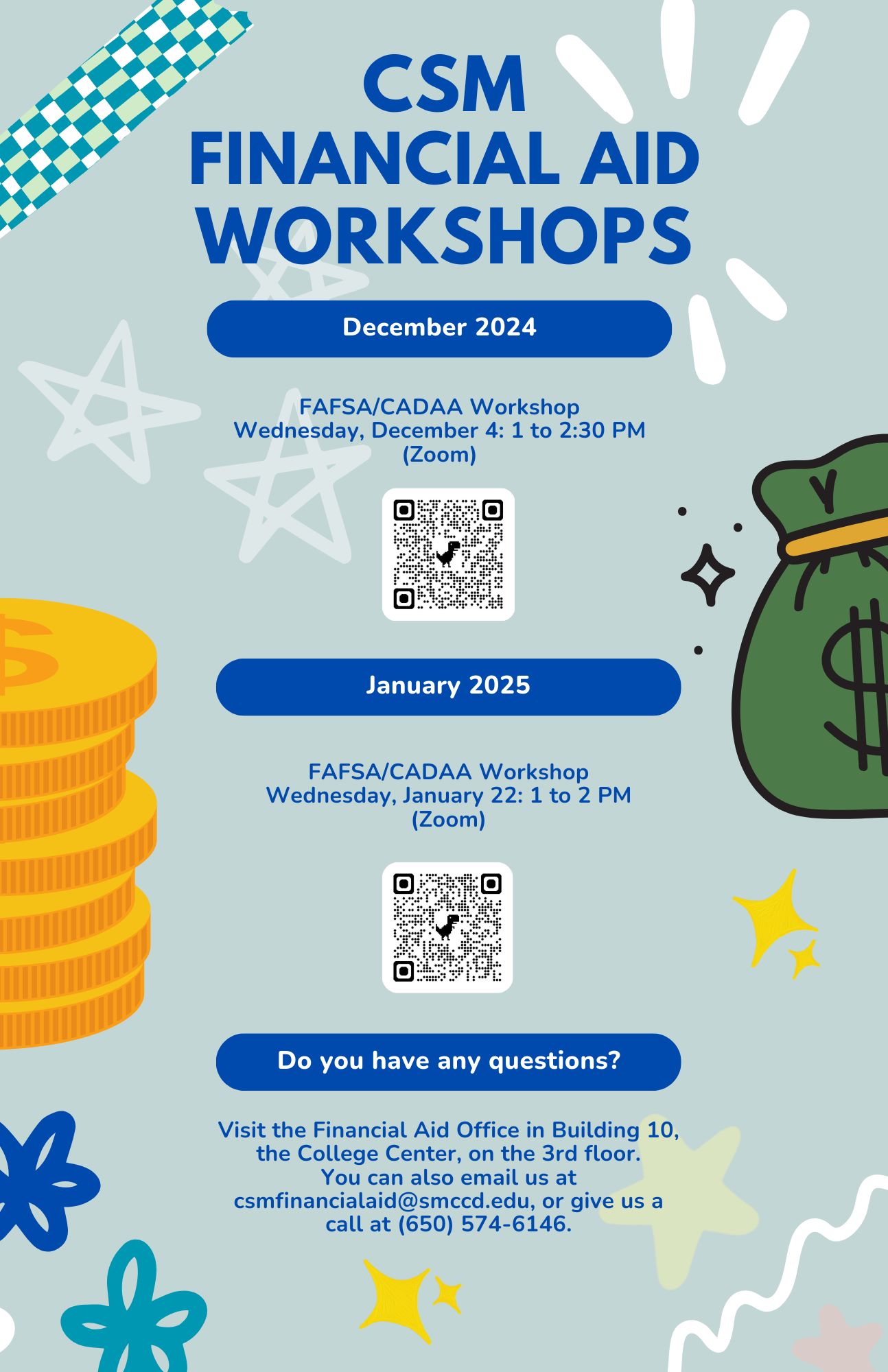 Financial Aid workshops flyer for the 2025-2026 FAFSA.