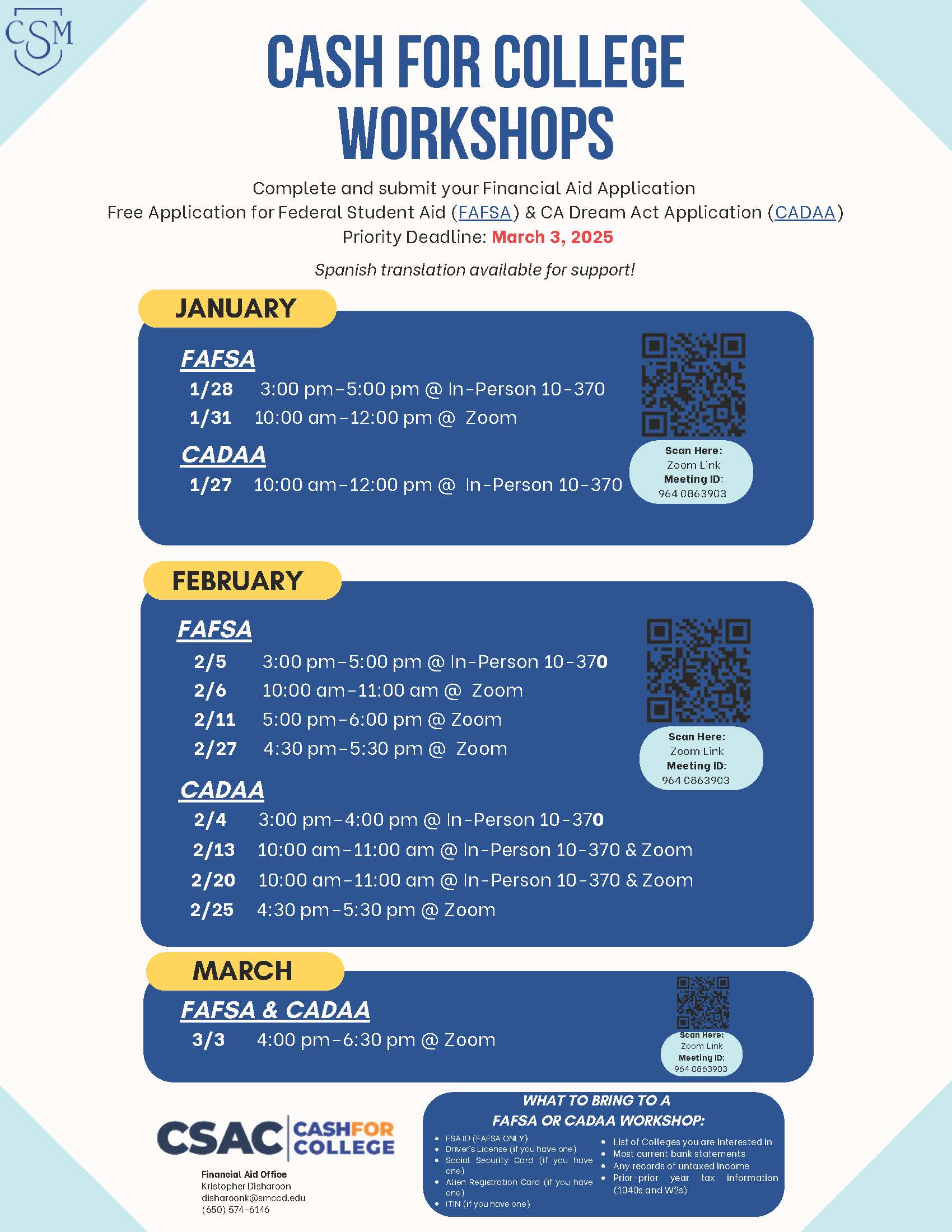 Cash for College workshops for the Spring 2025 semester.