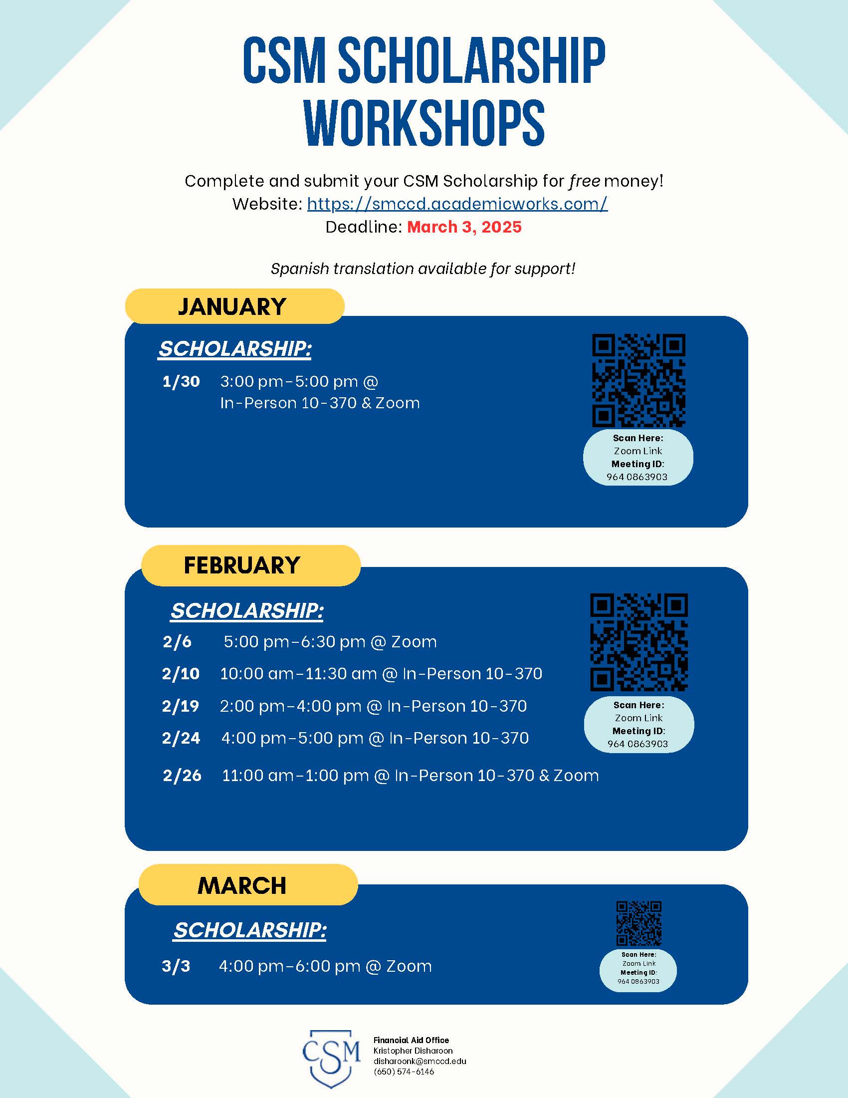 CSM Scholarship workshops for the Spring 2025 semester.